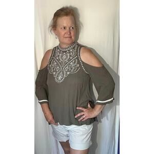 Xhilaration Green Cold Shoulder Rayon Blouse Top Womens L